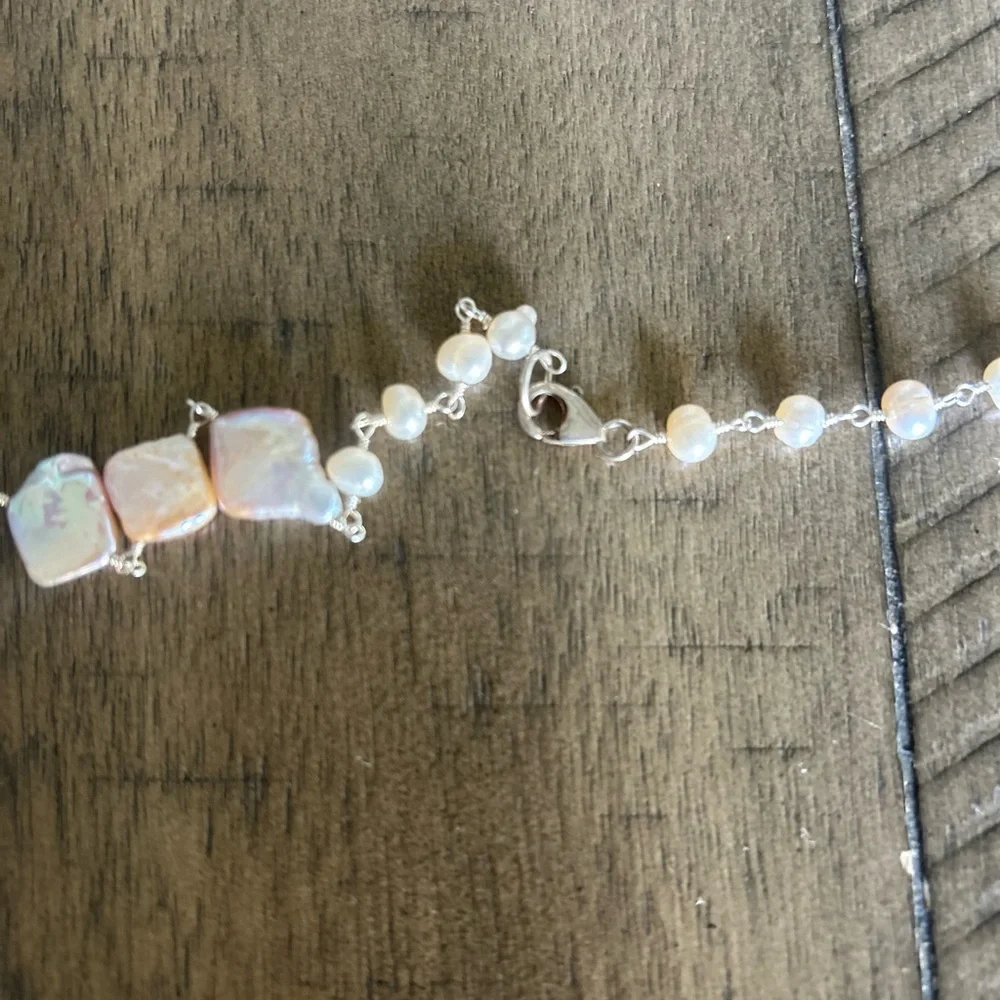 34" NECKLACE PEARL COLOR SQUARE PEARLS;  STERLING SILVER CRYSTAL CHARM; NEW - Picture 3 of 9